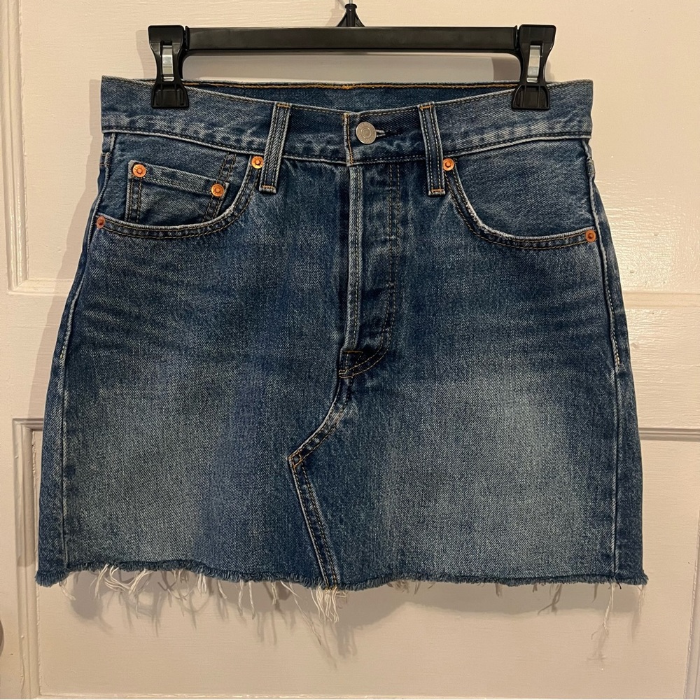 Distressed denim blue mini skirt, Levi’s